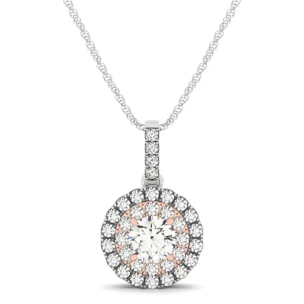 Round Shape Halo Diamond Pendant in 14k White and Rose Gold (1/2 cttw)