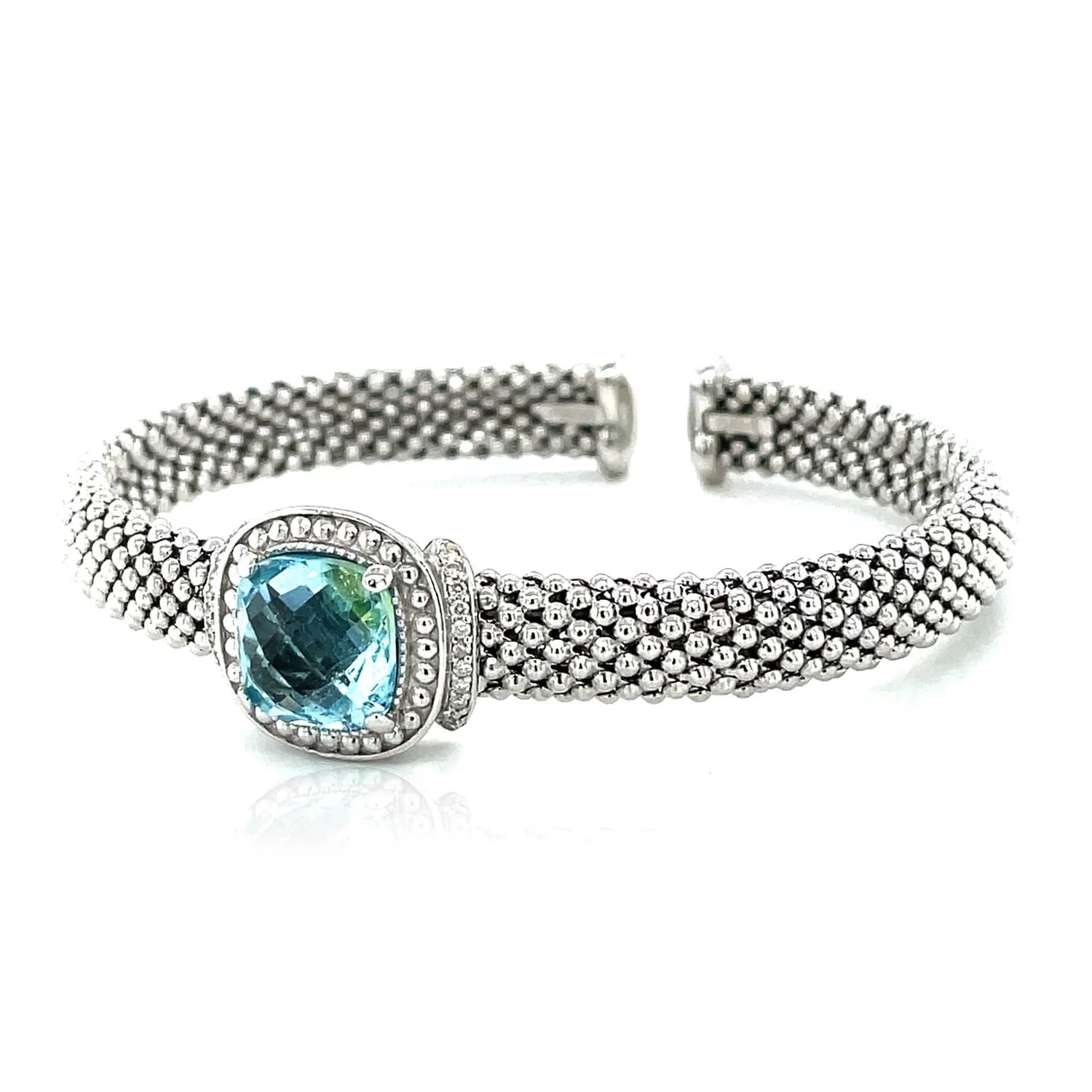 Popcorn Texture Cuff Bangle with Blue Topaz and Diamonds in Sterling Silver thumbnail 3